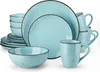 A set of light blue ceramic dishes and mugs with a speckled pattern and dark rims, arranged on a white background. Náhled obrázku produktu
