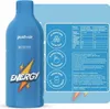 A blue bottle of Push-Air Energy drink is shown next to a panel with nutritional information and product highlights. Produktbild-Vorschau