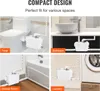 Collage of four images showing a compact wastewater pump installed in different locations: toilet, bathroom sink, shower room, and laundry room. Náhled obrázku produktu