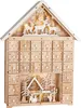 A wooden advent calendar shaped like a house, decorated with Christmas-themed figures and illuminated with LED lights. Náhled obrázku produktu