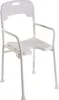 A white shower chair with armrests and a U-shaped seat cutout, shown against a white background. Produktbild-Vorschau