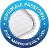 A circular blue badge with text and a close-up image of a white fabric with a gray edge. Produktbild-Vorschau