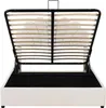 The image shows the inside of a white upholstered bed frame with the hydraulic lift mechanism and wooden slats exposed. Náhľad obrázku produktu