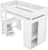 A white loft bed with a desk and wardrobe is shown against a white background. Podgląd zdjęcia produktu