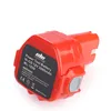 A red power tool battery with a black label is shown against a white background. Voir les images du produit