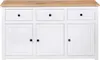 A white sideboard with a wooden top, featuring three drawers and three cabinets with black handles. Náhľad obrázku produktu