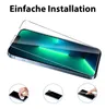 A screen protector being applied to an iPhone, with three circular inset images showing installation steps. Produktbild-Vorschau
