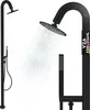 A black outdoor shower set with a rain shower head and a handheld shower head, with water spraying from the rain shower head. Produktbild-Vorschau