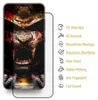 A smartphone screen protector with a samurai-themed design is shown next to a list of its features. Produktbild-Vorschau