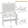 Diagram showing the dimensions of a white vanity table with drawers and a mirror with LED lighting. Produktbild-Vorschau