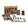 A collection of board game components, including a game box, board tiles, miniatures, and cards, arranged on a white background. Produktbild-Vorschau