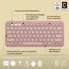 A pink Logitech keyboard with feature callouts and compatibility icons. Produktbild-Vorschau