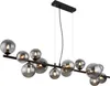 A modern chandelier with multiple glass globes hanging from a black bar. Náhled obrázku produktu