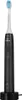 A black electric toothbrush with a white brush head is standing upright on its black charging base. Produktbild-Vorschau