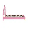 A side view of a pink upholstered bed frame with a castle-shaped headboard. Produktbild-Vorschau