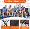 Five young women in athletic wear sitting on a black folding bench, with close-up shots of the bench's features below. Produktbild-Vorschau