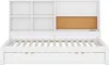 A white wooden bed frame with a headboard featuring shelves and a corkboard. Produktbild-Vorschau