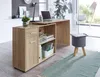 A modern home office setup with a corner desk, laptop, lamp, and storage. Anteprima dell’immagine prodotto