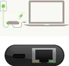 Diagram showing a USB-C adapter connected to a power source and a laptop, with a close-up view of the adapter's ports. Produktbild-Vorschau