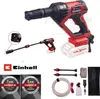 A collage of images showcasing a cordless pressure washer and its accessories, along with warranty information. Produktbild-Vorschau