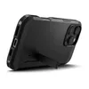 A black iPhone case with a kickstand is shown from a side angle on a white background. Produktbild-Vorschau