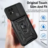 A hand holding a black phone case with a ring stand and camera cover. Produktbild-Vorschau