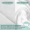 A split image showing a white fabric before and after washing, with text overlays describing its properties. Produktbild-Vorschau