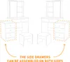 Diagram showing two dressing tables with stools and side drawers, with text indicating the drawers can be assembled on both sides. Voir les images du produit