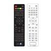 Two remote controls are shown side-by-side against a white background. The left remote is black with various buttons and labels. The right remote is white with a grid of numbers and codes. Produktbild-Vorschau