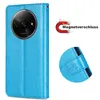 A blue flip case for a smartphone, shown open with a close-up of the closure mechanism. Produktbild-Vorschau