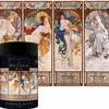 A cylindrical puzzle box is placed in front of a puzzle depicting Alphonse Mucha's "Four Seasons" artwork. Voir les images du produit