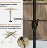 A diagram and close-up shots illustrating the features of a beige patio umbrella. Podgląd zdjęcia produktu