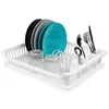 A white plastic dish rack filled with clean dishes and cutlery. Produktbild-Vorschau