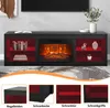 A black TV stand with a fireplace and red interior shelves, shown with decorative items and books. The image includes close-up views of different parts of the furniture. Voir les images du produit