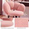 A collage of images showing a pink teddy bear fabric office chair, with close-ups of the seat cushion and fabric texture, and a measurement indicator. Produktbild-Vorschau