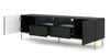 A black TV stand with gold legs is shown with its doors and drawers open. Podgląd zdjęcia produktu