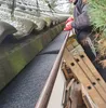 A person wearing red gloves is cleaning a gutter on a tiled roof, with a ladder leaning against the house. Anteprima dell’immagine prodotto