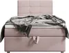 A pink upholstered boxspring bed with a gray blanket draped over it, shown against a white background. Voir les images du produit