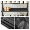 A multi-panel image showcasing a shoe rack with shoes on various shelves and close-ups of the material. Náhled obrázku produktu