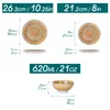 Diagrams showing the dimensions of plates and a bowl, with measurements in centimeters and inches. Produktbild-Vorschau