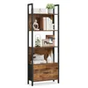 A tall, narrow bookshelf with a rustic wood finish and black metal frame, displaying various decorative items and books. Produktbild-Vorschau