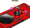 A red phone case with a rotating ring stand is shown with graphic overlays indicating its features. Produktbild-Vorschau