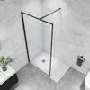 A modern walk-in shower enclosure with a black aluminum frame and clear glass panels, set against tiled walls and floor in a bathroom. Produktbild-Vorschau