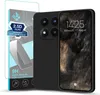 A black smartphone case and a screen protector are displayed next to each other against a white background. The phone screen shows the time and date. Produktbild-Vorschau