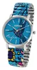 A close-up studio shot of a women's wristwatch with a colorful, artistic design. Produktbild-Vorschau