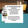 A bottle of cleaning tablets for coffee machines and a coffee machine brewing espresso. Produktbild-Vorschau