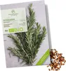A package of rosemary seeds with fresh rosemary sprigs and loose seeds scattered around. Produktbild-Vorschau