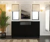 A black minimalist sideboard is placed in a well-lit room with a large framed landscape picture above it, flanked by two windows with Roman blinds. A potted palm plant is to the left, and a rug is on the floor. Produktbild-Vorschau