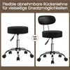 A collage showing a black stool with wheels, first without a backrest and then with an attached backrest, against a white background with a brown border. Produktbild-Vorschau