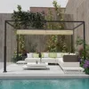 A modern outdoor patio with a pergola, sectional sofa, coffee table, and a swimming pool. Voir les images du produit